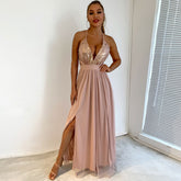 Glitzerndes Pailletten-Einsatz-Netz-Abend-Maxikleid mit tiefem V-Ausschnitt - Champagner